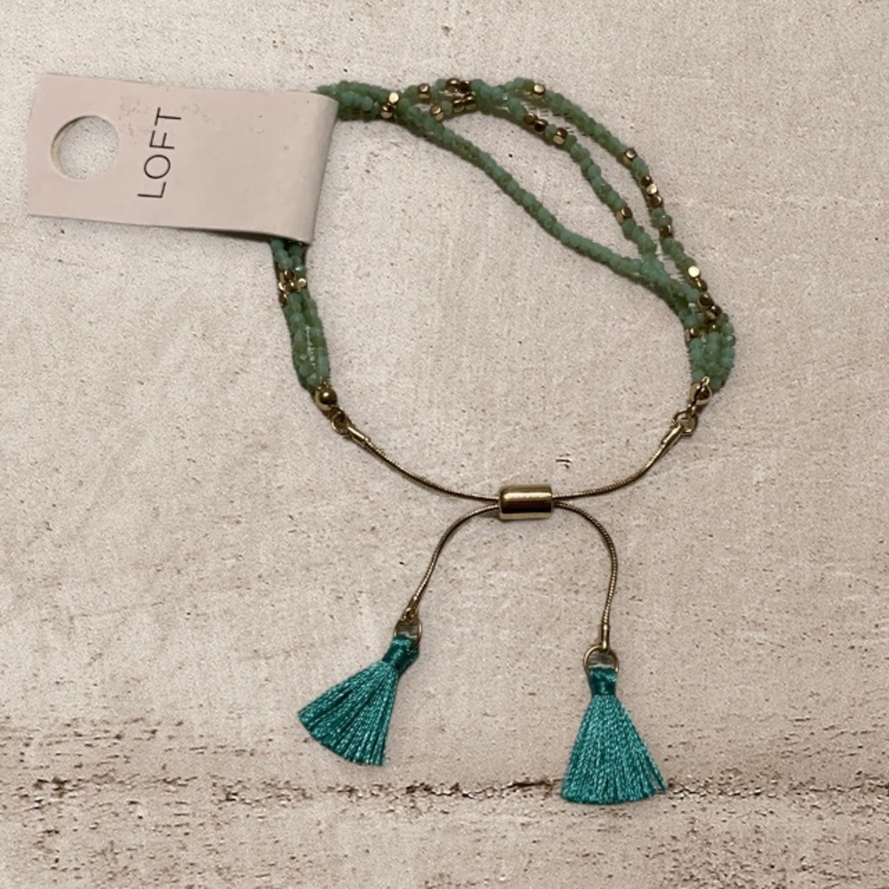 LOFT Deep Cyan Beaded Pull Tassel Tie Bracelet